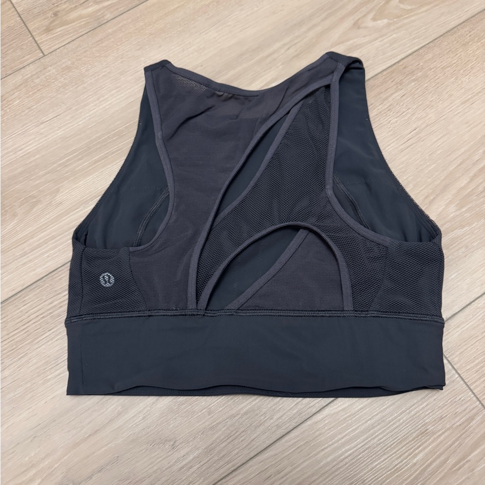 Lululemon high neck, long line bra with cute back detail, grey, size 6